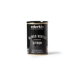 Olives stuffed with lemon, 300g. Green olives stuffed with lemon, in a tin container. The olives have a bright green color and are round in shape. The tin has a black and gold label with the brand name "Ederkis" prominently displayed.