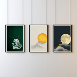 Modern nature art prints, minimalist botanical tree designs, green cream black posters, celestial moon sun illustrations, calm aesthetic wall art.