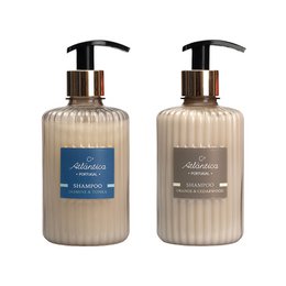 Liquid shampoo pump bottle beige ribbed texture gold black dispenser natural botanical scents