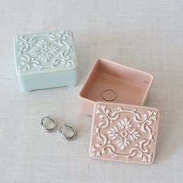 Ceramic tile jewelry box with ornate floral pattern, square shape, available in mint green, pink, yellow, and blue colors.