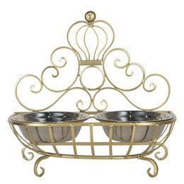 Gold-colored decorative dog/cat food bowl with a scrolled metal frame and two stainless steel bowls. Suitable for serving pet food or water.
