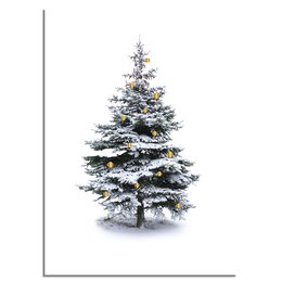 Christmas poster with a snowy Christmas tree, gold foil baubles, and a minimalist design. Suitable for home decor, holiday season, and winter-themed displays.