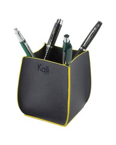 K0032DB | Desk Pen Holder in Genuine Leather, full grain, dollar grain. Blue color with yellow edges. Dimensions: 8.5 x 8.5 x 12 cm. Packaging: Bottom/lid gift box
