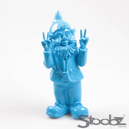  Blue gnome figurine with peace hand gesture, tall decorative statue, ceramic resin material, whimsical garden ornament.