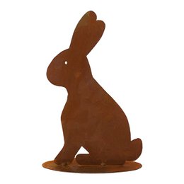 Rustic metal garden decoration figure of a rabbit in a vintage style, with a base plate. Suitable for Easter or year-round outdoor display.