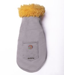 A gray pet vest with a yellow furry collar. The vest appears to be made of a soft, textured material and has a simple design with a small circular logo or emblem on the side.