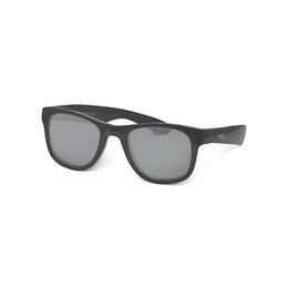 Sunglasses with a black frame and silver mirrored lenses, designed for kids. The sunglasses have a rectangular shape and a sleek, modern style.