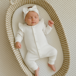  Cozy sand-colored ribbed jersey baby suit with a soft, plush texture and a comfortable hooded design.