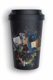 A black travel cup with a floral design featuring vibrant colors and patterns. The cup appears to be made of a durable material, suitable for outdoor use.