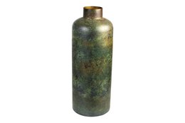  Antique metal vase in a distressed green and gold finish, measuring 23x23x61cm.