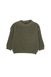 Oversized army green baby sweater with ribbed knit texture and long sleeves.