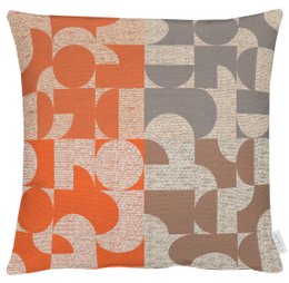  Cushion cover in beige and orange colors, featuring a geometric pattern with circular and rectangular shapes.