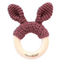 Dark brown wooden teether with a textured, crocheted bunny-ear design. Suitable for babies to safely chew and explore.