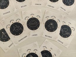 Astrology card set featuring the 12 zodiac signs in black and white design. Includes text labels for each sign. Suitable for birthday cards, horoscope readings, or astrological decor.