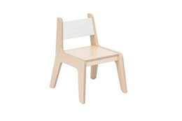 'A white and natural wood kids chair with a simple, modern design. The chair has a sturdy, minimalist frame and a comfortable seat.'