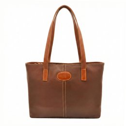  Leather shoulder tote bag, brown tan navy, spacious rectangular shape, dual handles, classic style.