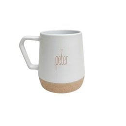 White ceramic mug with "peter" text, cork bottom, handle, personalized name mug