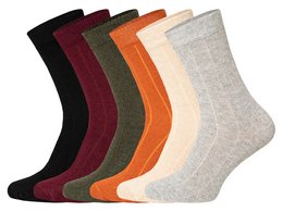 2 pairs of merino wool socks with cashmere, available in tan, black, gray, dark olive green, maroon, and dark orange colors, in sizes 35-38, 39-42, 43-46, and 47-50.