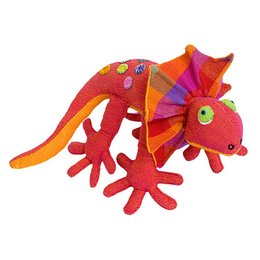 Soft, plush toy frilled lizard in vibrant red, orange, and purple colors with polka dot patterns. Realistic reptile shape with frilled neck and large eyes.