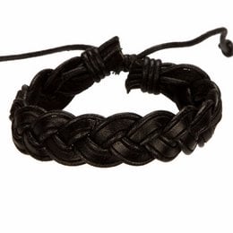 A black leather bracelet with a braided design.