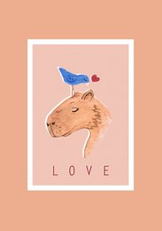 Whimsical illustration of a capybara with a blue bird perched on its head, conveying a message of love. The illustration features warm, earthy tones and a simple, minimalist design.