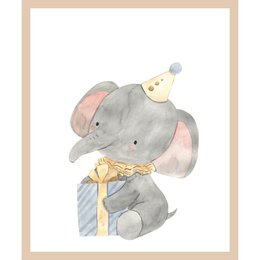  Small elephant with gift, kids room poster, available in 30x40cm, 40x50cm, and 50x70cm sizes, with and without frames.