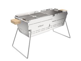 Portable stainless steel charcoal grill with adjustable grate and wooden handles for easy transport and use.