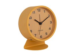 "Round wooden retro alarm clock, warm natural wood color, vintage style, pedestal base"