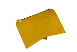 A large yellow leather handbag with a zipper closure.