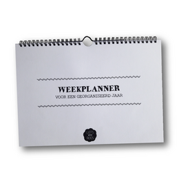 A weekly planner with a simple, minimalist design. The planner has a spiral binding and a gray background with a title "Weekplanner" printed at the top.