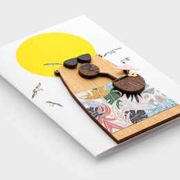  3D wooden bear card, tropical theme, yellow sun, colorful flowers, greeting card, summer design, handmade wood craft