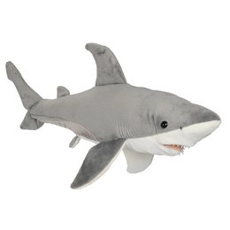 Soft, plush gray shark toy with a rounded body, large fins, and an open mouth with visible teeth. Suitable for children to play with and cuddle.
