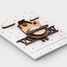  Handmade 3D wooden romantic greeting card with cute pilot bear, airplane, clouds, love hearts, brown wood material