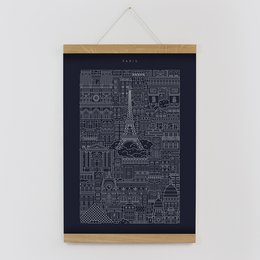 A black and white print depicting the iconic landmarks and architecture of Paris, including the Eiffel Tower, in a stylized, geometric design.