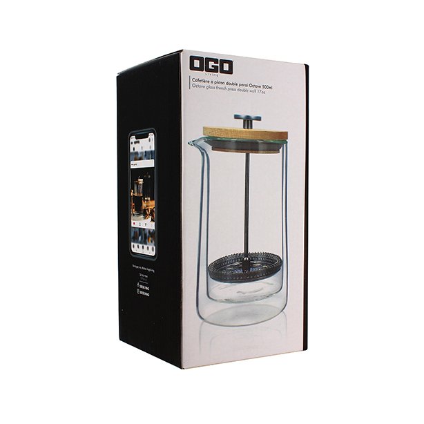 Cafetière à Piston Octave OGO Living – 500 Ml Verre Borosilicate Double Paroi – Couvercle Bois – Filtre Inox – Écologique Et Durable