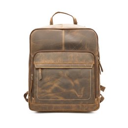  Natural leather backpack, vintage brown and navy blue, rectangular shape, 30x40x12 cm, durable material.