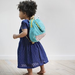 Teal and navy blue backpack with a crocodile design, suitable for kids.