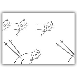 Künstlerische Linolschnitt Grusskarte in schwarz weiß: Der Skifahrer