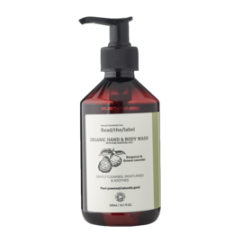 Organic hand and body wash with bergamot and lavender scents, 300ml bottle with pump dispenser.