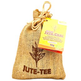 Organic Indian jute chai jute bag, a natural and eco-friendly tea bag made from jute fiber. The bag features a simple design with a leaf icon, indicating the natural and organic nature of the product.