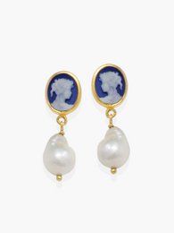 Blue and white pearl earrings with cameo and 18-karat gold-plated silver or 14-karat solid gold.