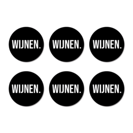 Set of 6 round black and white coasters with the text "WIJNEN." printed on them. The coasters appear to be made of a durable material, possibly cork or rubber, and have a simple, minimalist design.