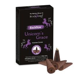 Backflow incense cones with a unicorn design, featuring a purple and black color scheme. The incense is described as "Unicorn's Grace" and is part of the Stamford brand.
