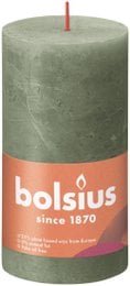 Olive-colored pillar candle with a rustic, textured finish. Cylindrical shape, approximately 130mm tall and 68mm wide.