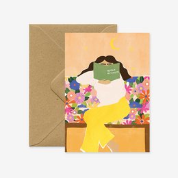 A colorful greeting card featuring a woman surrounded by flowers against a yellow background. The card is titled "No Rain No Flowers".