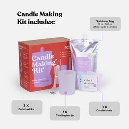  A DIY candle making kit containing 3 scents - woody, flowery, or no scent. The kit includes 3 candle wicks, 1 candle making pot, and 1 candle wax.