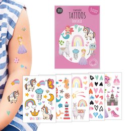 A set of colorful temporary tattoos featuring fantasy-themed designs including unicorns, rainbows, crowns, and other whimsical elements. Perfect for kids to enjoy.