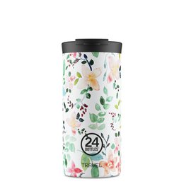  White travel tumbler with black lid, 350ml capacity, made of durable materials.