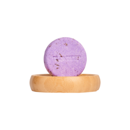 Large round bamboo soap holder with purple soap dish.