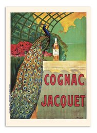 Vintage-style postcard featuring a peacock and the text "Cognac Jacquet". The image has a retro, art deco aesthetic with vibrant colors and patterns.